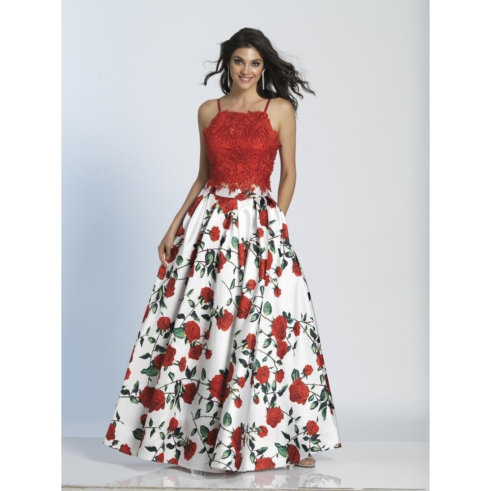 NWT Dave & Johnny 5265 Red White Floral Print Lace Ball Gown 2 Piece Prom Sz 3/4